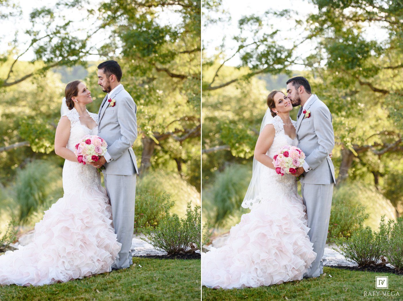 Bride in ruffled white gown and groom in gray suit share romantic moments outdoors, holding pink bouquet.