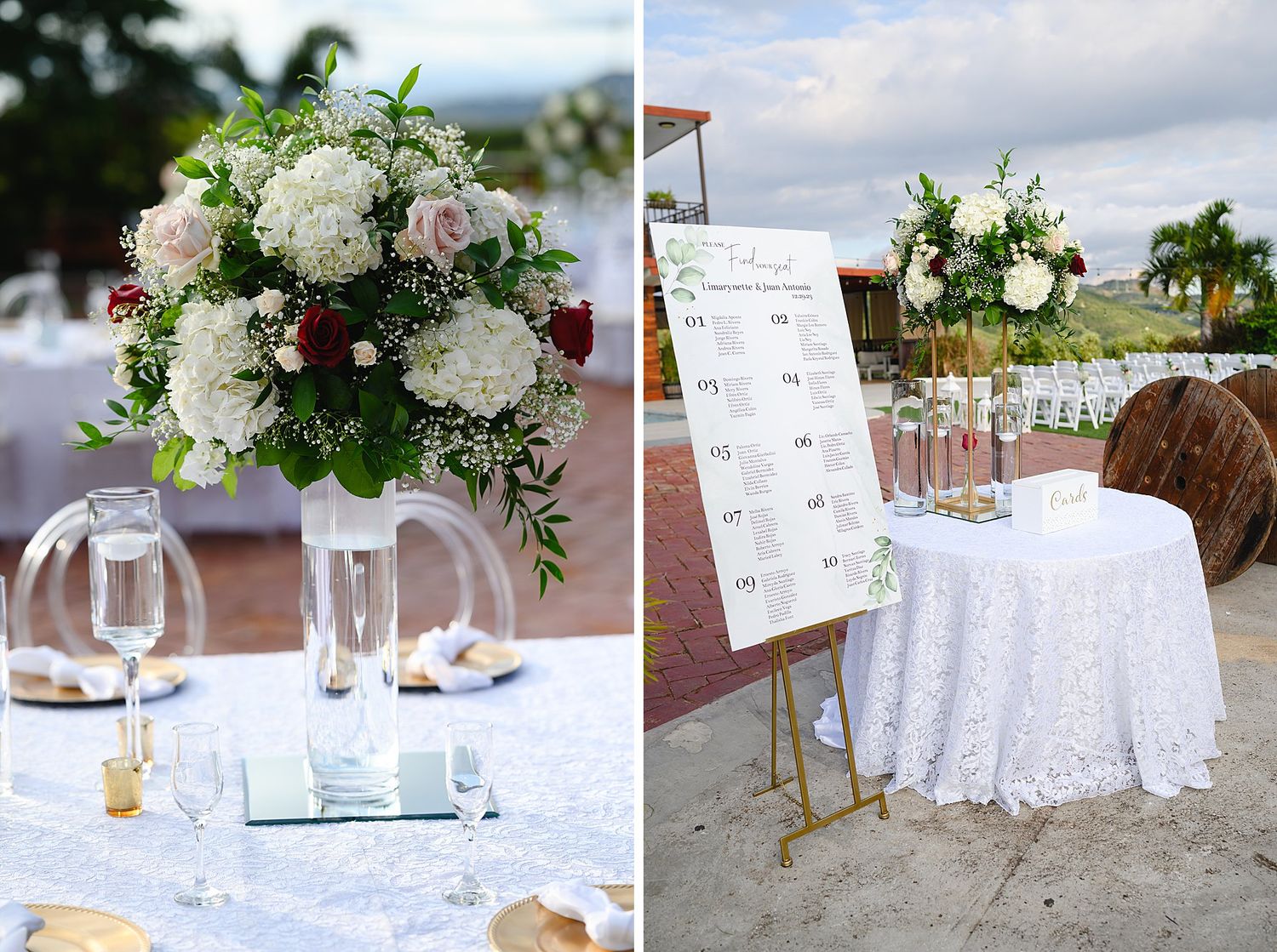 Elegant wedding reception table with white and burgundy floral centerpiece in a tall vase, beside a seating chart display outdoors.
