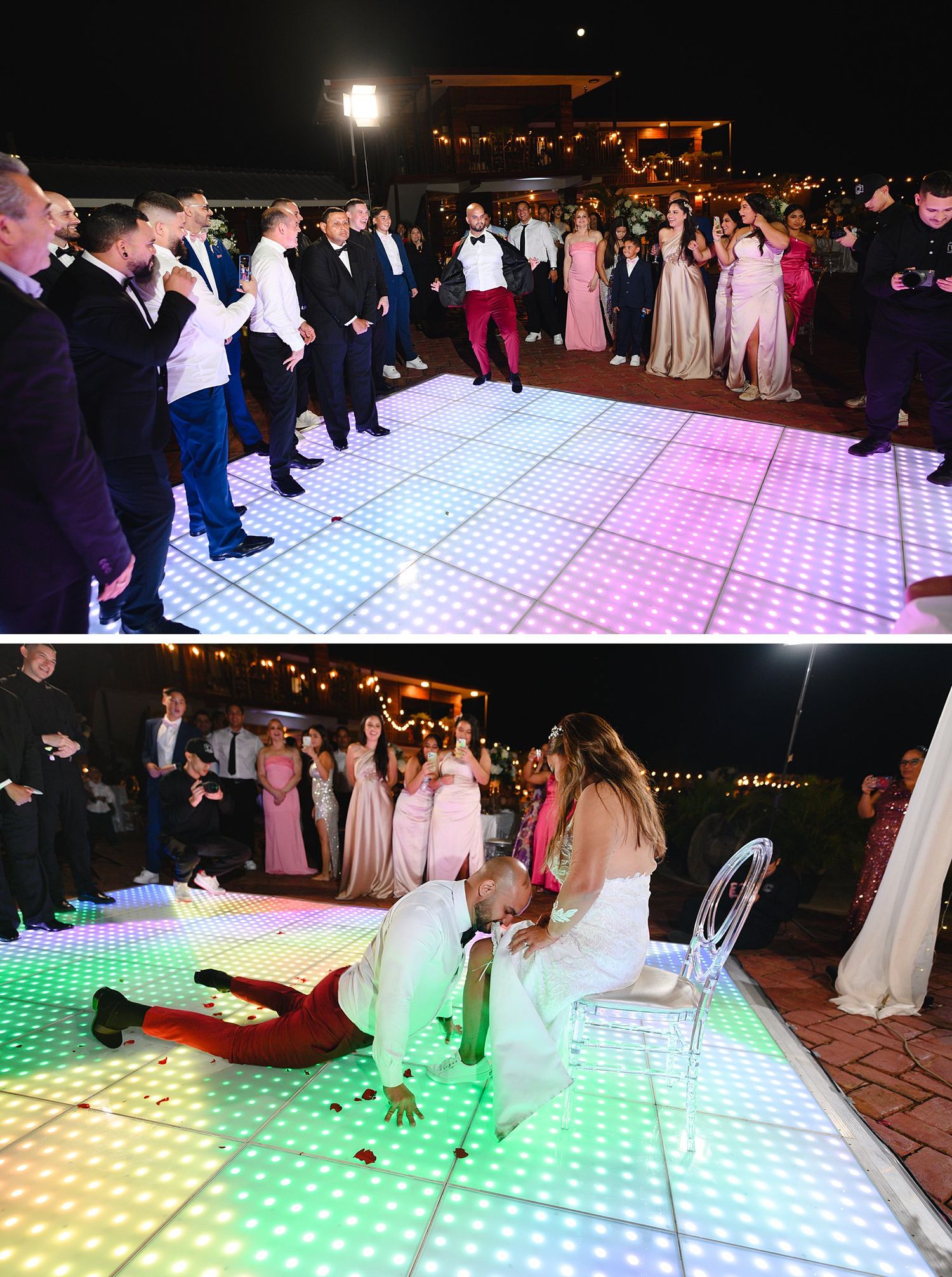 Wedding reception guests dancing on a colorful LED light-up dance floor at an outdoor evening celebration.