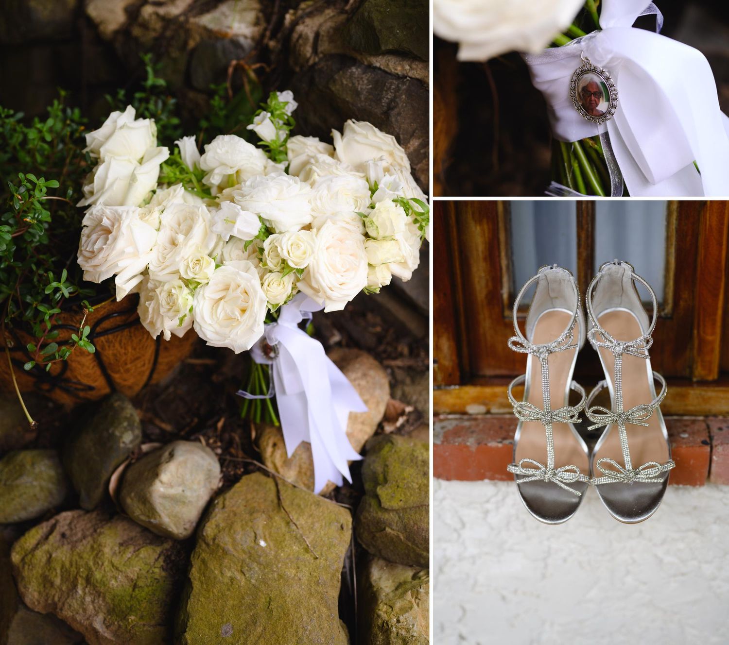 Elegant wedding collage featuring white rose bridal bouquet with ribbon, silver strappy heels, and floral brooch detail on stone background.