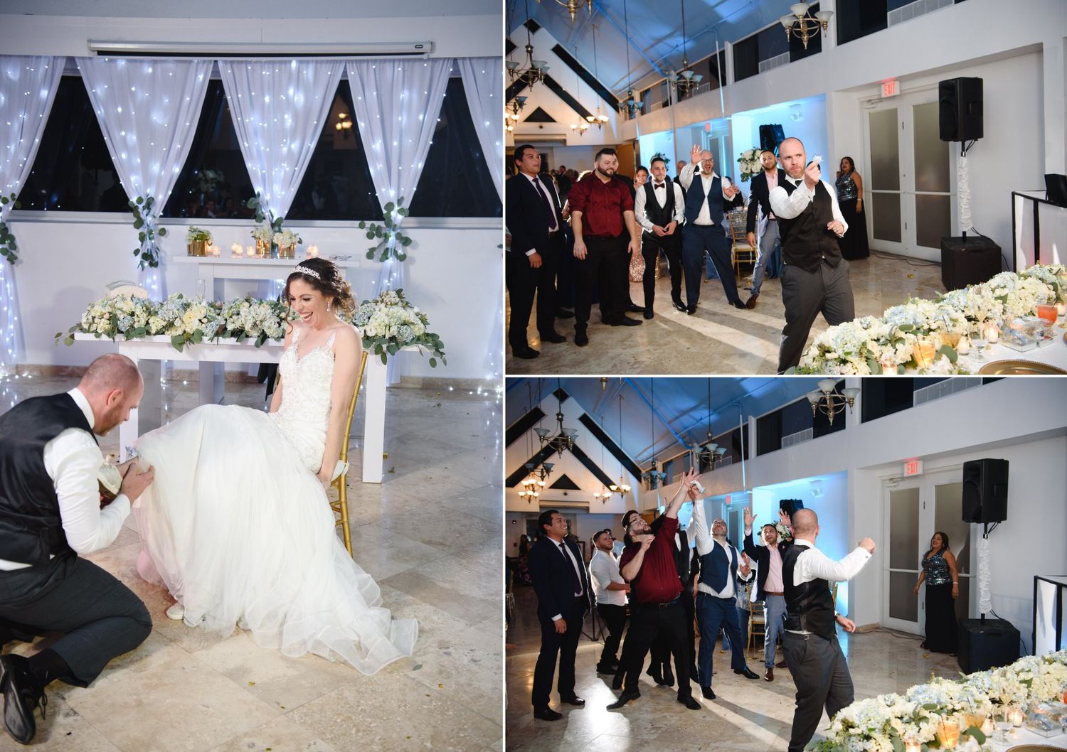 Wedding reception collage showing bride and groom at sweetheart table and guests celebrating on the dance floor.