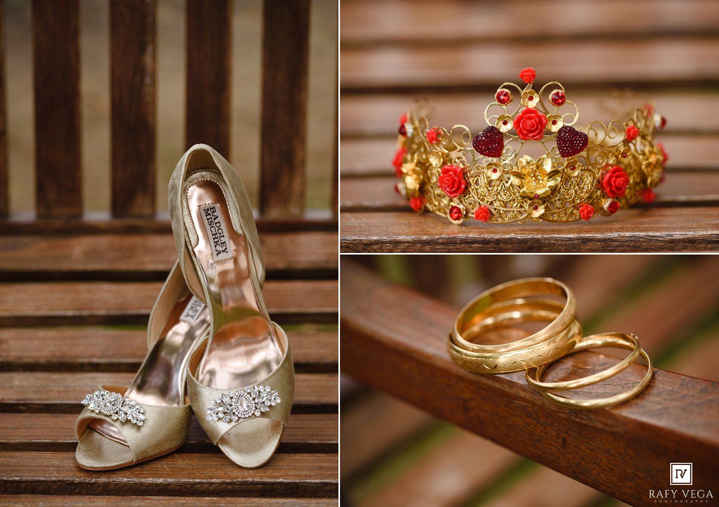 Elegant wedding flat lay featuring ivory rhinestone heels, a gold floral crown with red roses, and golden wedding bands on wood.