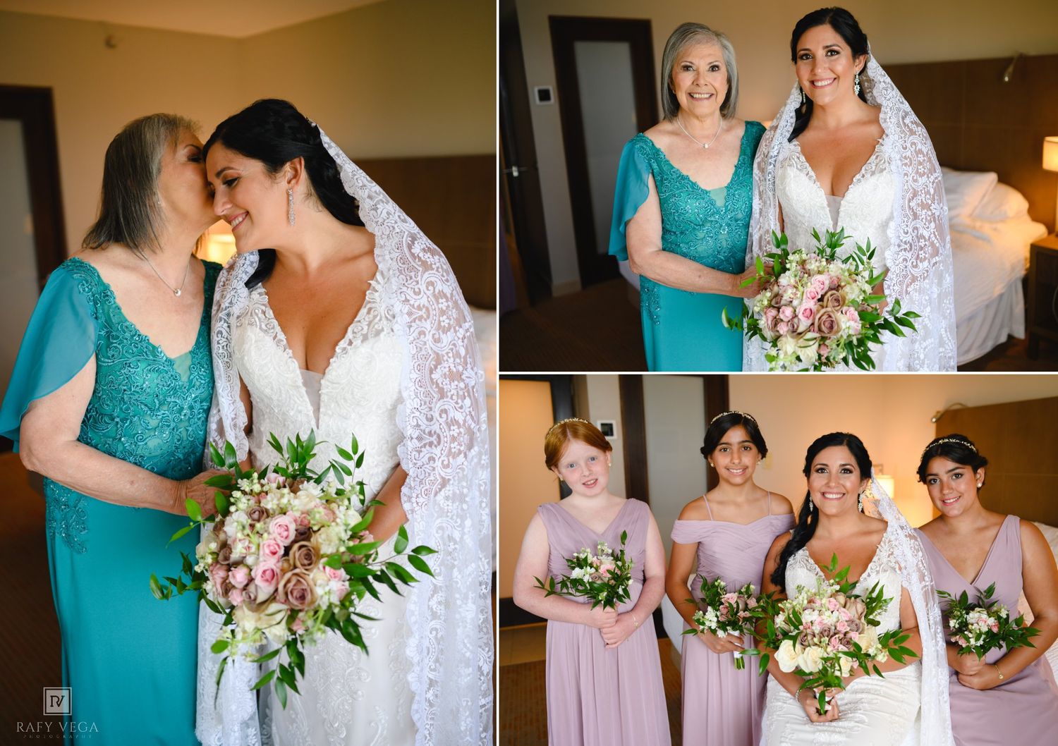 Bride in white gown with veil poses with family and bridesmaids in pink dresses, holding floral bouquets indoors.