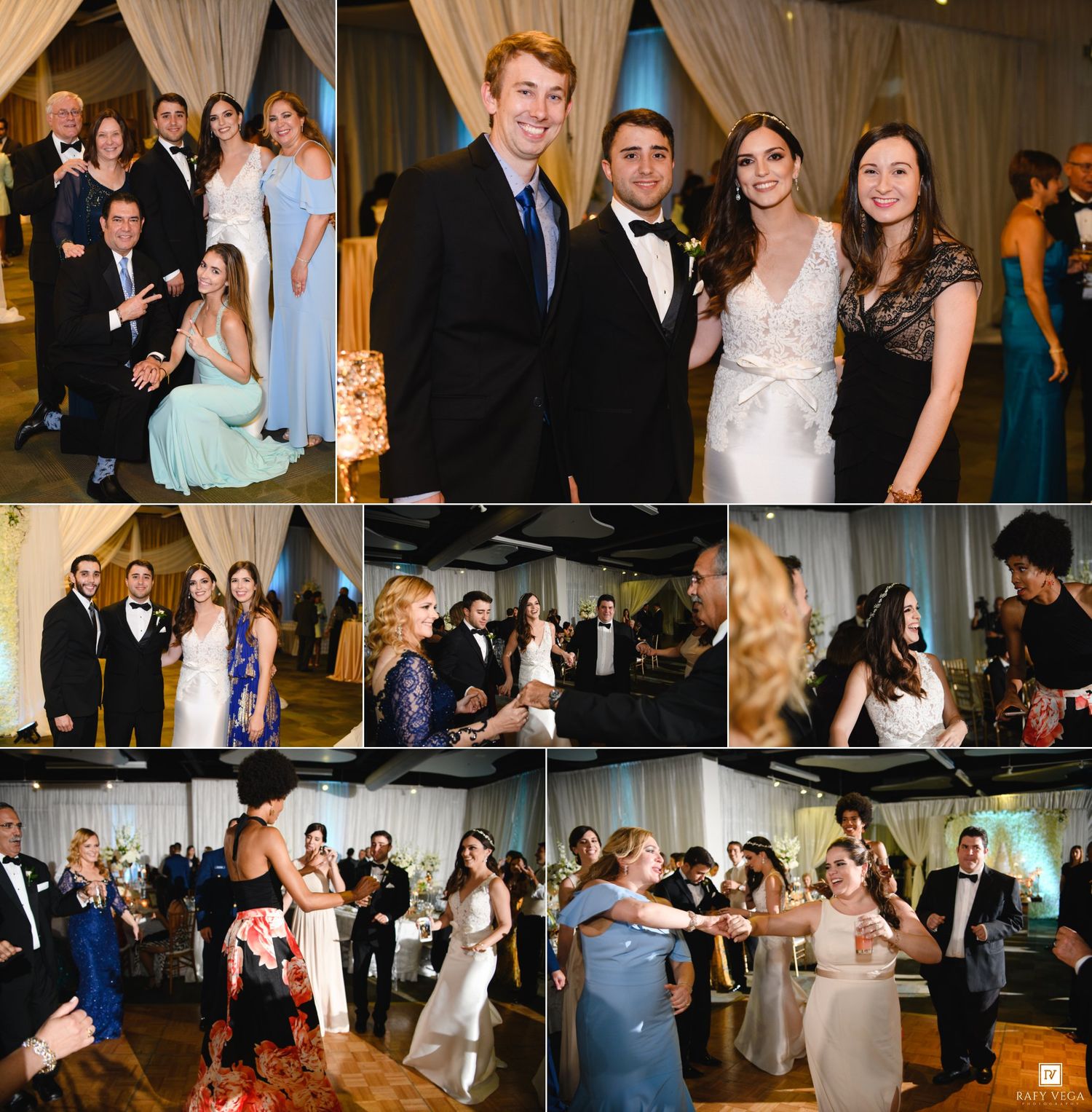 Elegant wedding reception with guests posing for photos, dancing, and celebrating in a beautifully decorated venue.