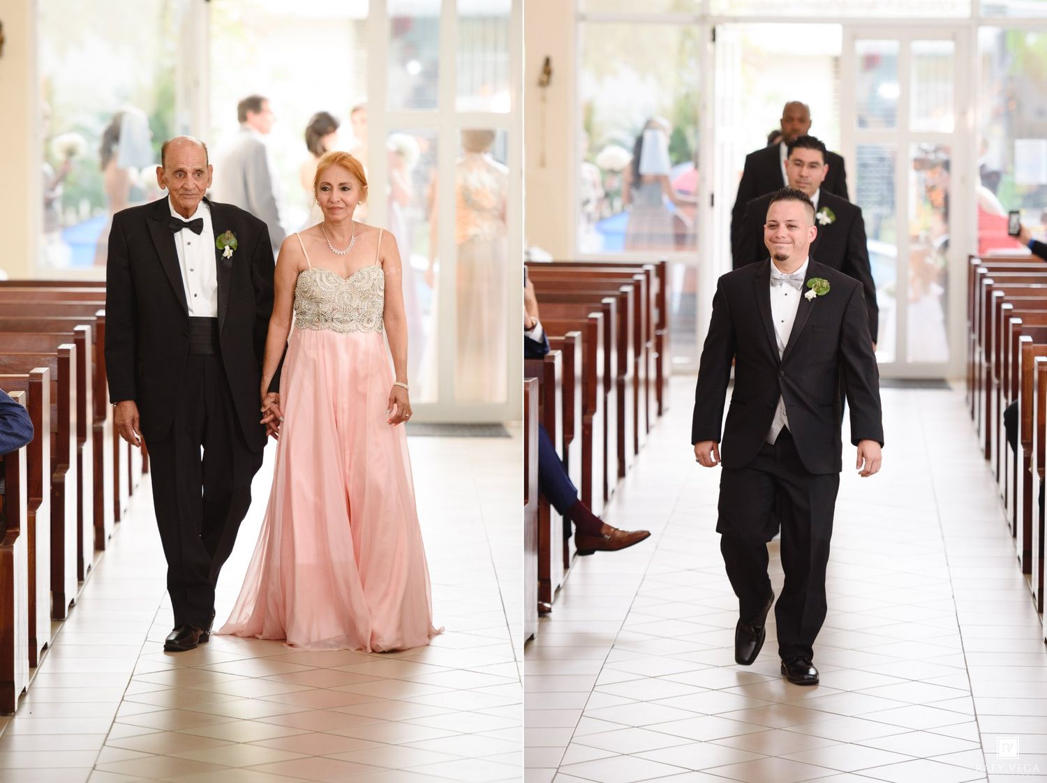 A bride in a pink gown walks down the church aisle with her father as the groom approaches in a black tuxedo.