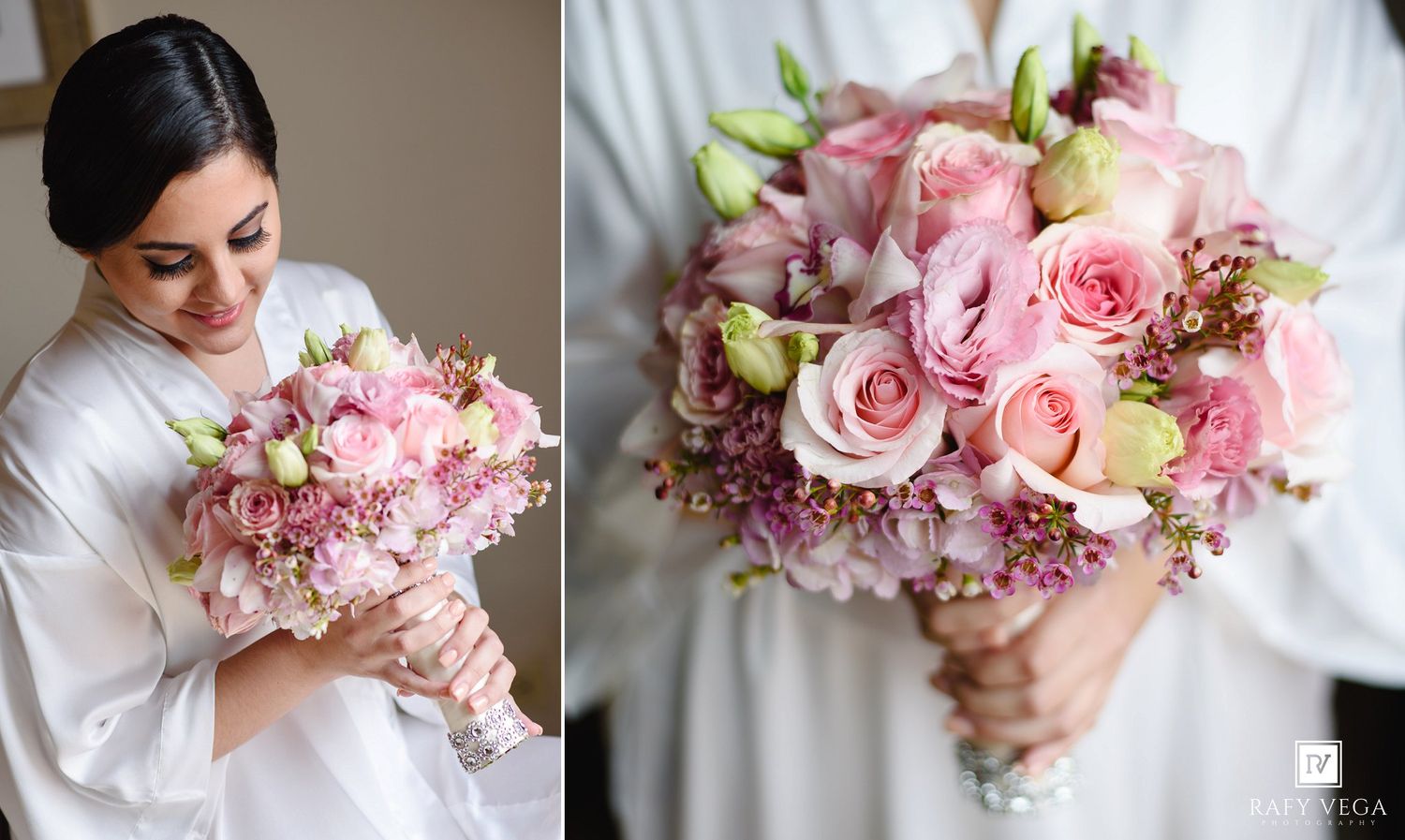 Bride in white robe holds pink rose wedding bouquet with lush blooms and greenery on her special day.