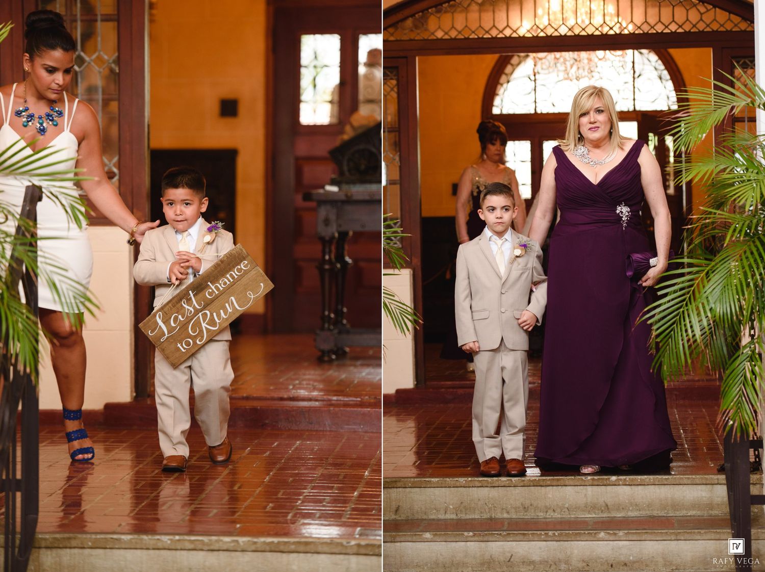 Ring bearer walks down the aisle holding a wooden sign at an elegant wedding ceremony.