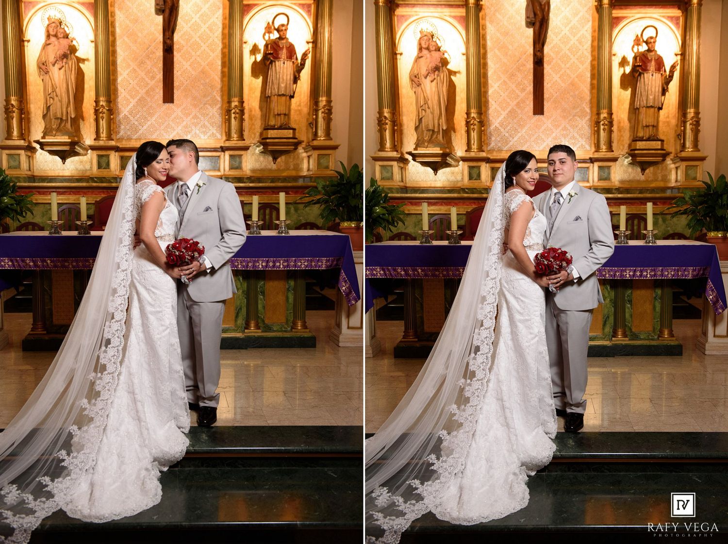 Bride and groom posing romantically before ornate altar with religious statues in Catholic church.