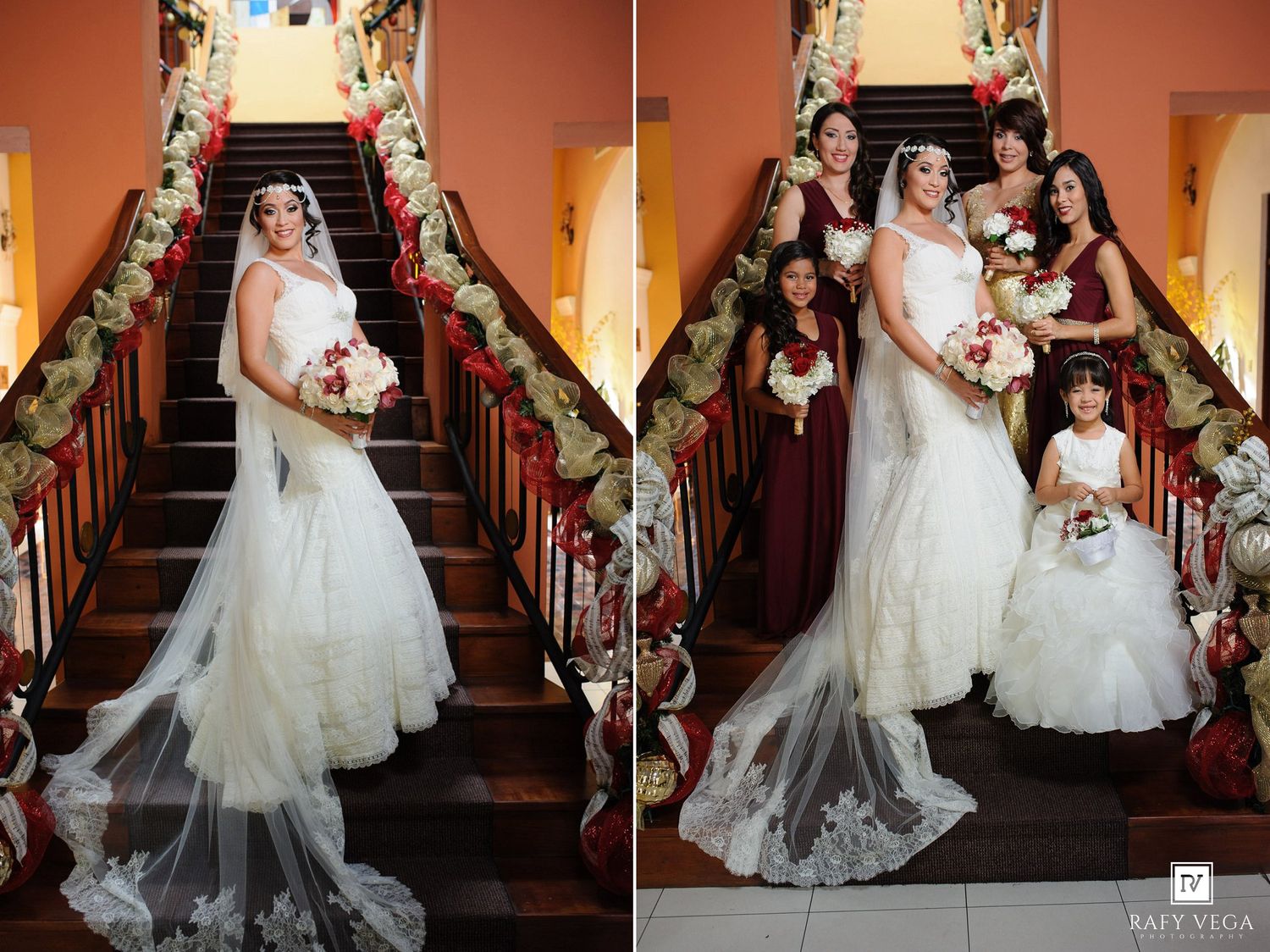 Bride in white lace gown poses on decorated staircase with bridesmaids in burgundy dresses and flower girl.