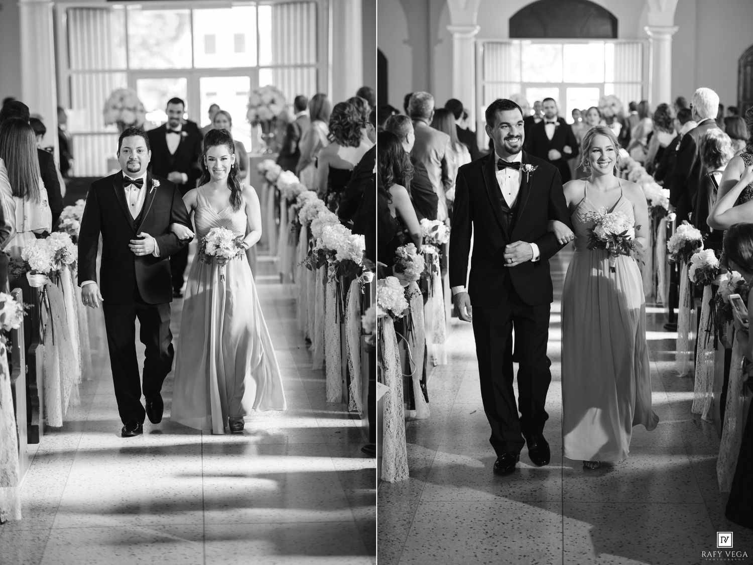 Black and white wedding processional with bridesmaids and groomsmen walking down the aisle.