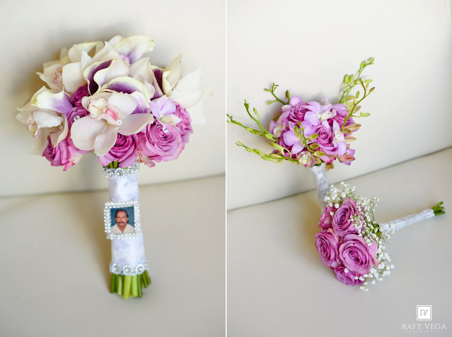 Wedding bouquet of white calla lilies and purple roses with photo charm, beside a matching boutonniere with baby's breath.