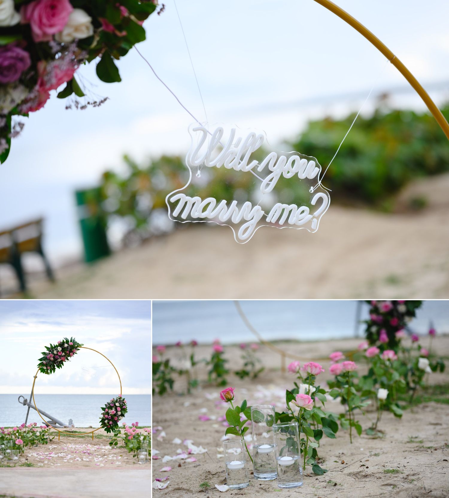 Beach proposal setup with a golden arch, pink roses, and a hanging “Will you marry me?” acrylic sign by the ocean.