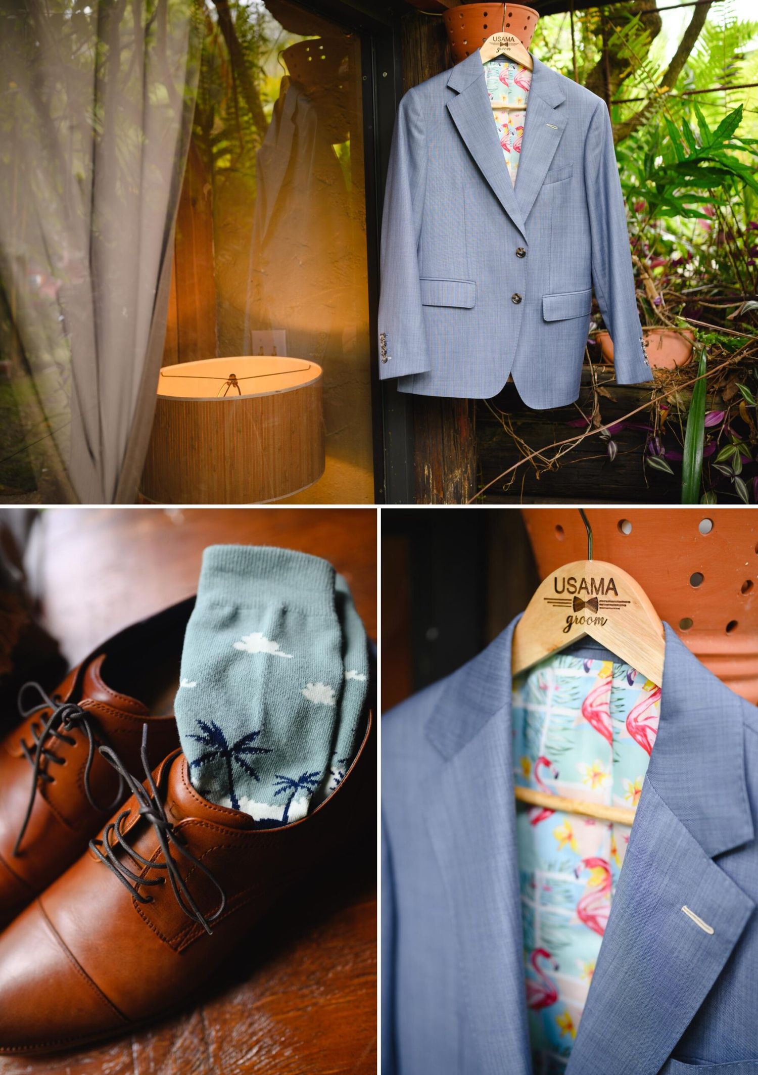 Groom wedding details featuring a blue seersucker suit on a personalized hanger, palm tree socks, and brown leather dress shoes.