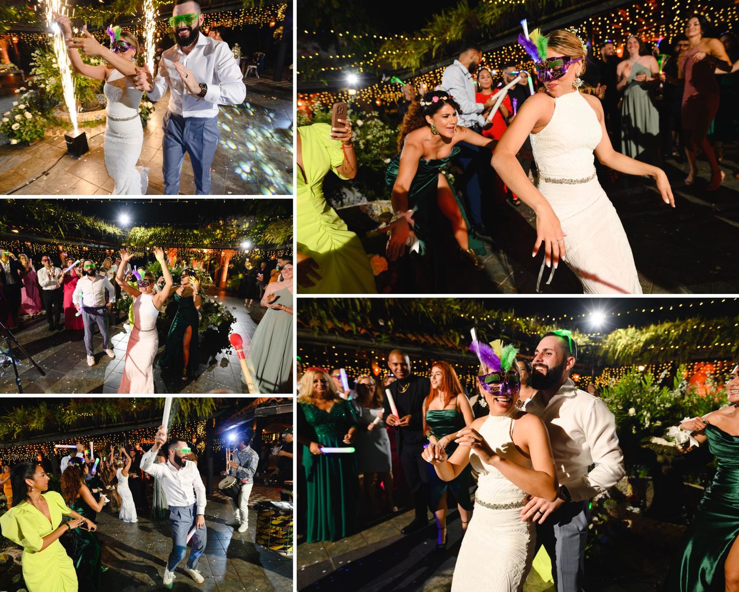 Joyful wedding reception dance floor with bride in white gown, guests celebrating with sparklers and colorful glow sticks at night.