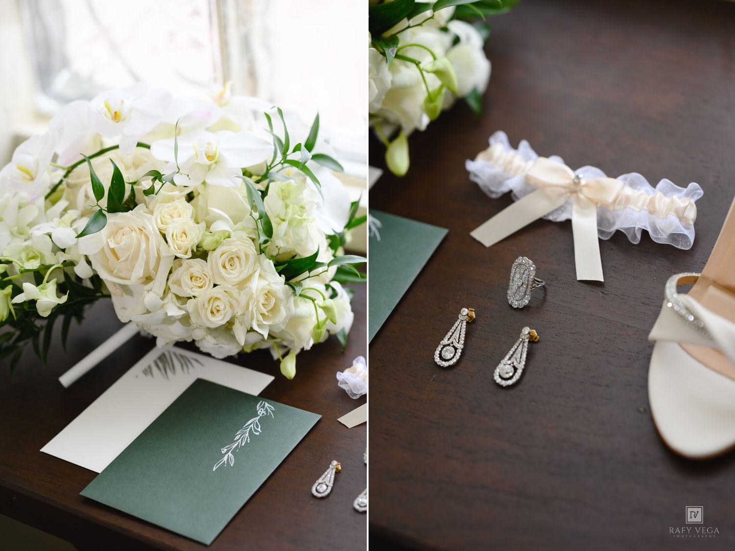 Elegant wedding flat lay with white rose bouquet, lace garter, crystal drop earrings, and bridal shoe on wooden table.