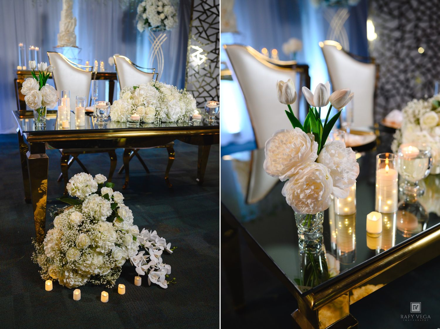 Elegant white floral wedding reception table decor with candles, peonies, and hydrangeas on a mirrored gold table.