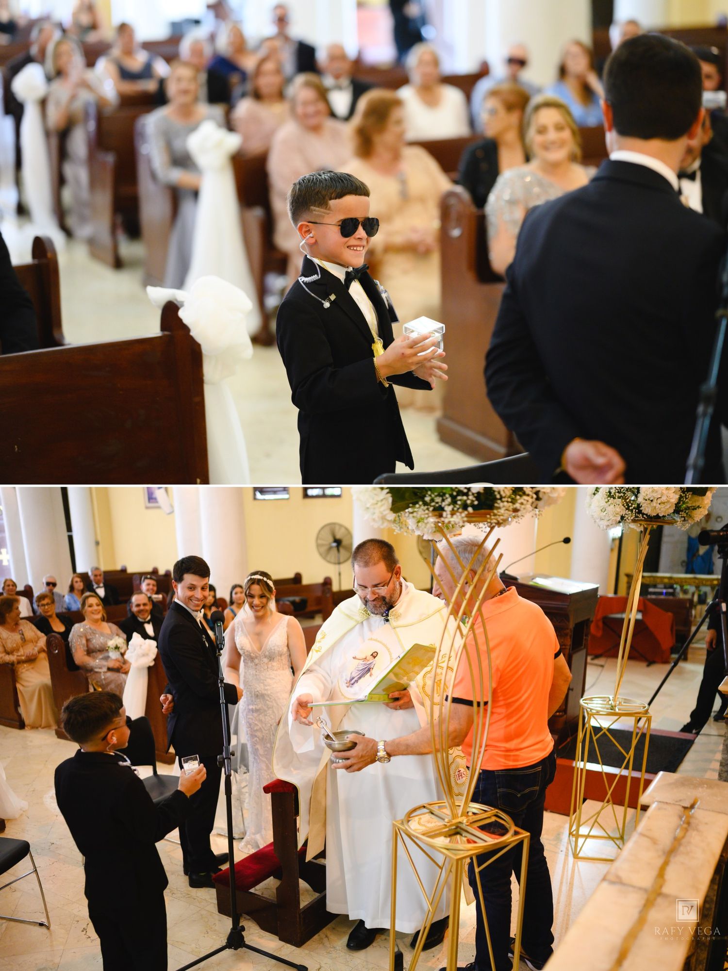 Young boy in tuxedo and sunglasses walks down church aisle at wedding ceremony carrying a decorative box.