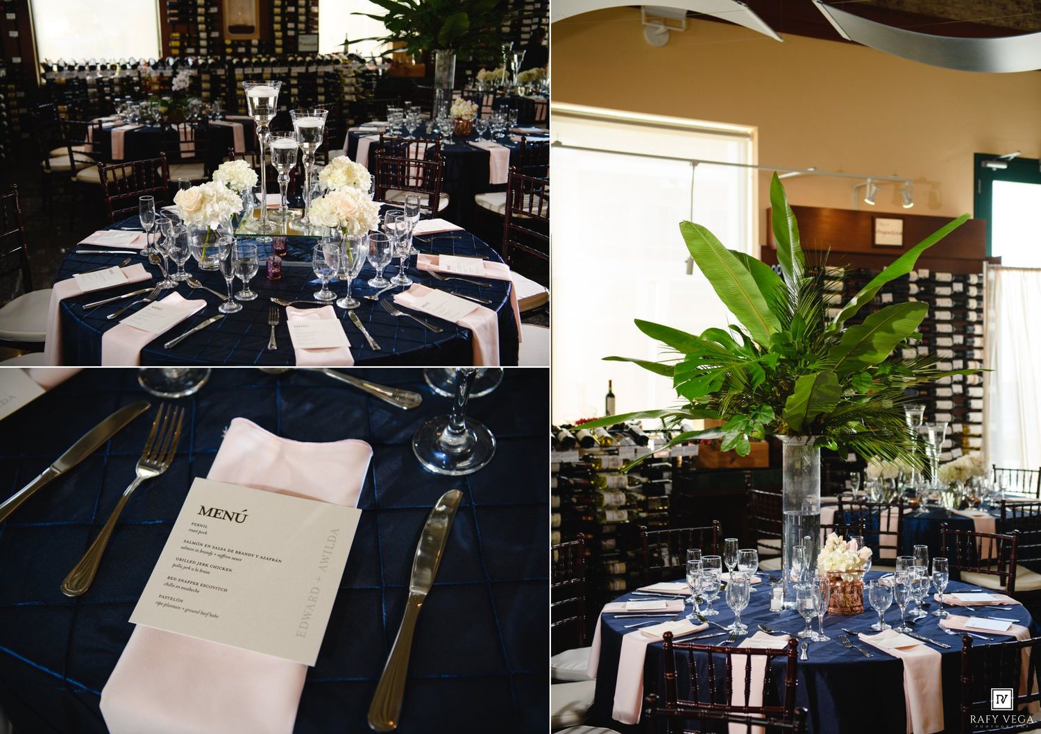 Elegant wedding reception tables with navy blue linens, white floral centerpieces, crystal glassware, and neatly folded menus.