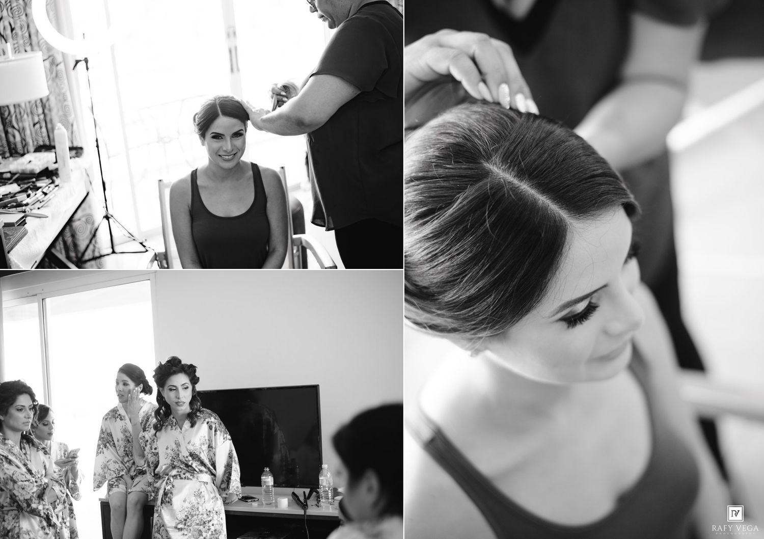 Black and white wedding preparation photo collage showing bride getting hair styled by professional stylist with bridesmaids nearby.