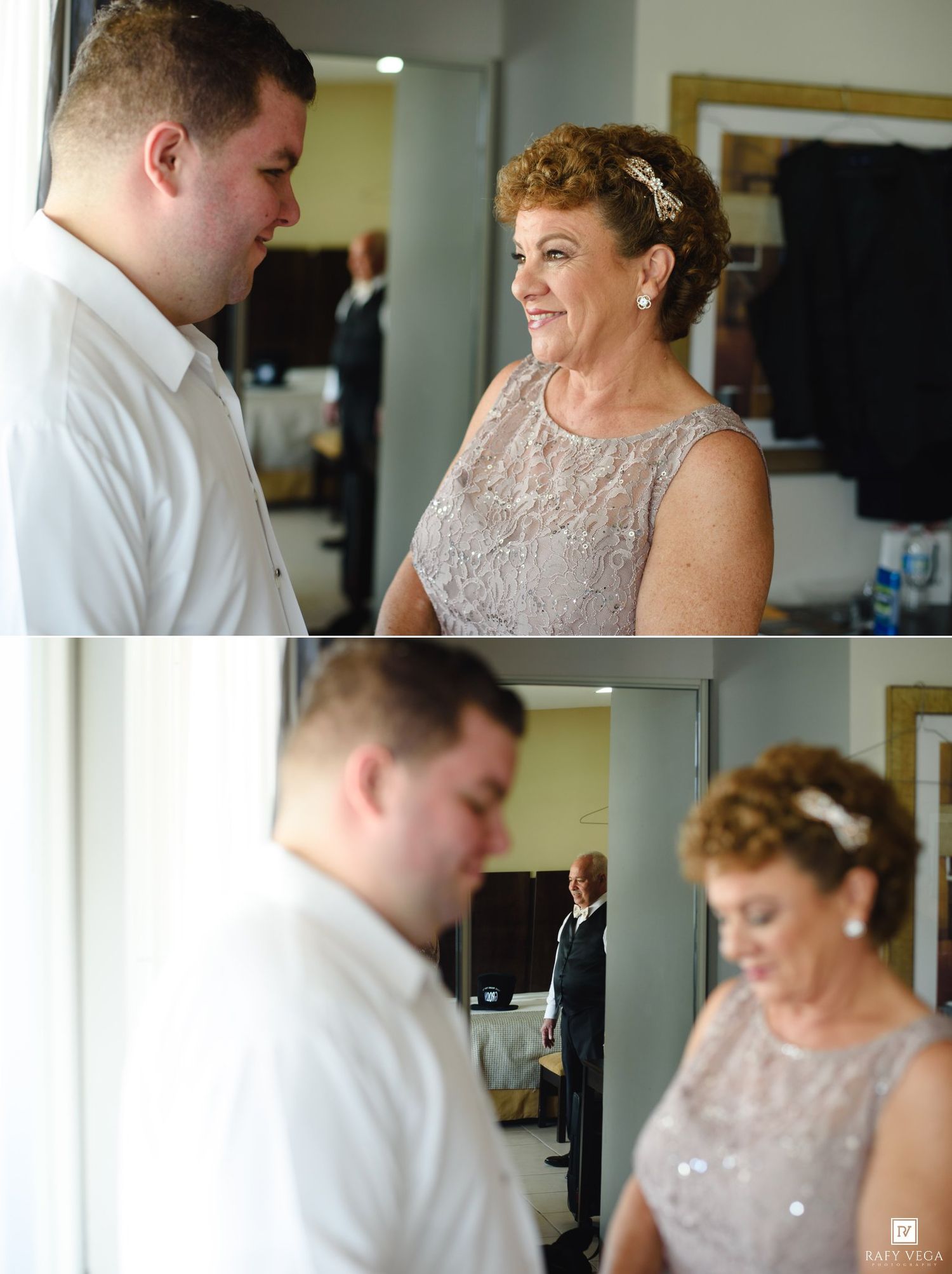 A groom shares a tender moment with his mother in a silver lace dress before the wedding ceremony.