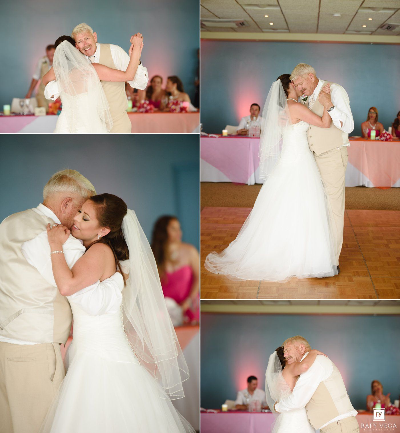 Bride and elderly man share emotional father-daughter first dance at wedding reception.