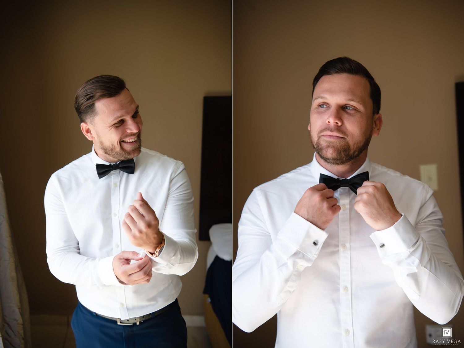 Groom in white shirt and black bow tie adjusting cufflinks and bow tie while getting ready for wedding.