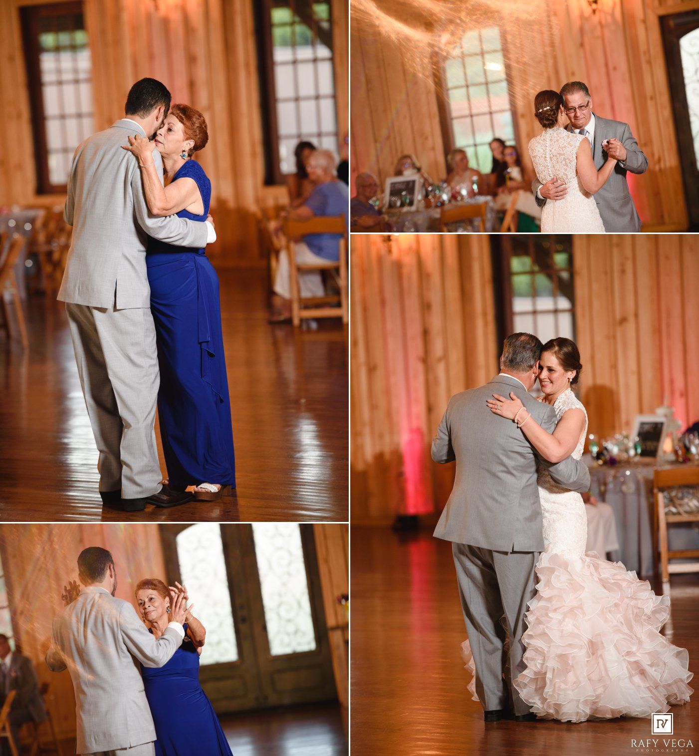 Wedding reception dance floor moments featuring bride in ruffled gown dancing with groom and guests in elegant wooden venue.