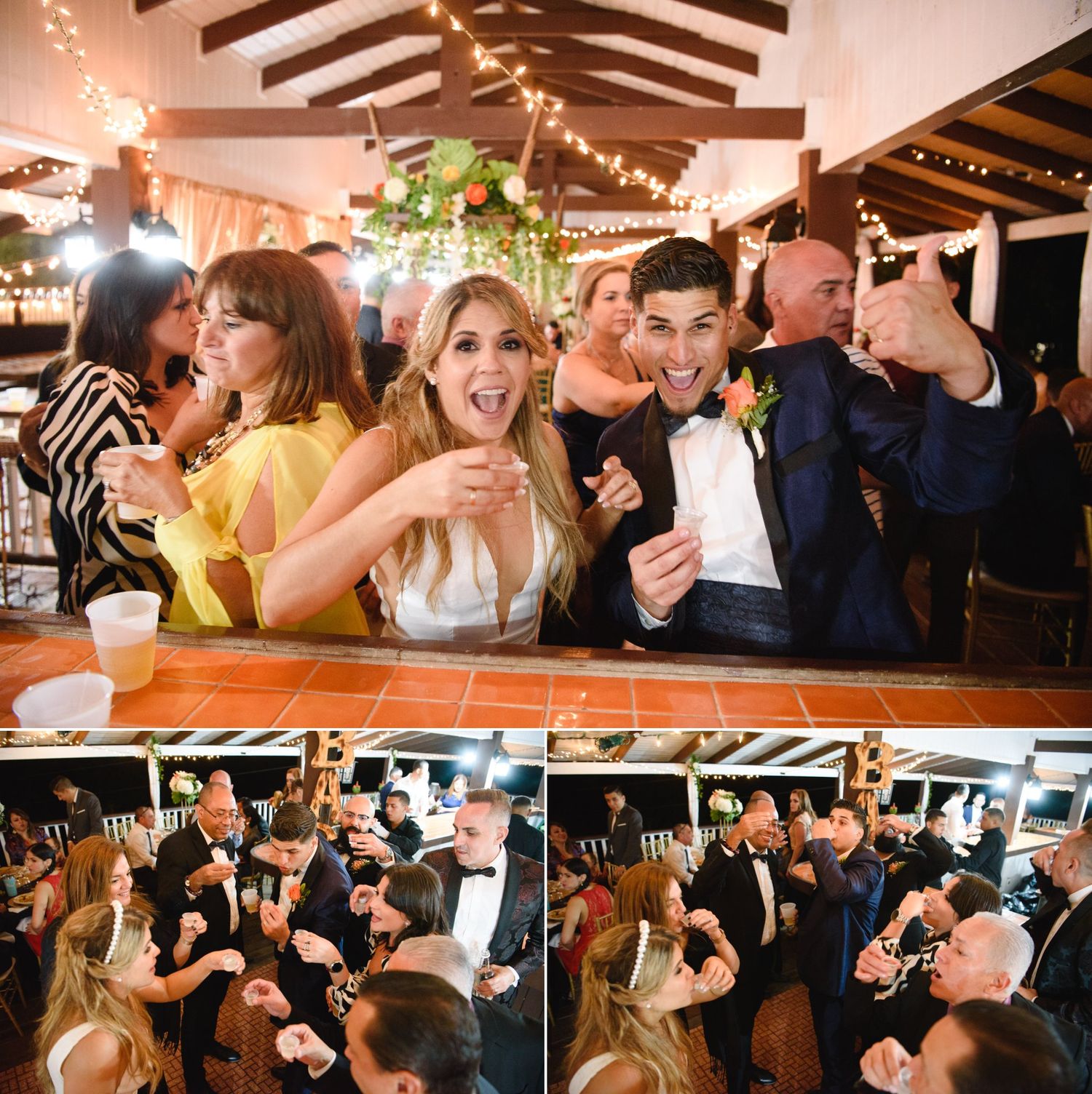 Joyful wedding reception with bride and groom celebrating on the dance floor with guests in elegant attire.