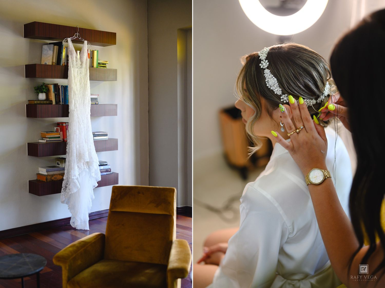 Bride getting ready with floral headpiece, wedding dress hanging on wooden shelves in elegant bridal suite.