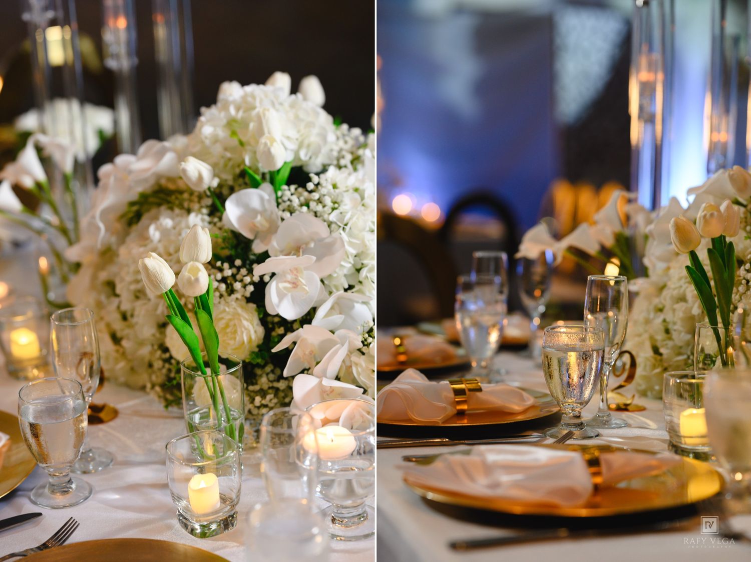 Elegant wedding reception table with white floral centerpieces, candles, and gold charger plates in a softly lit venue.