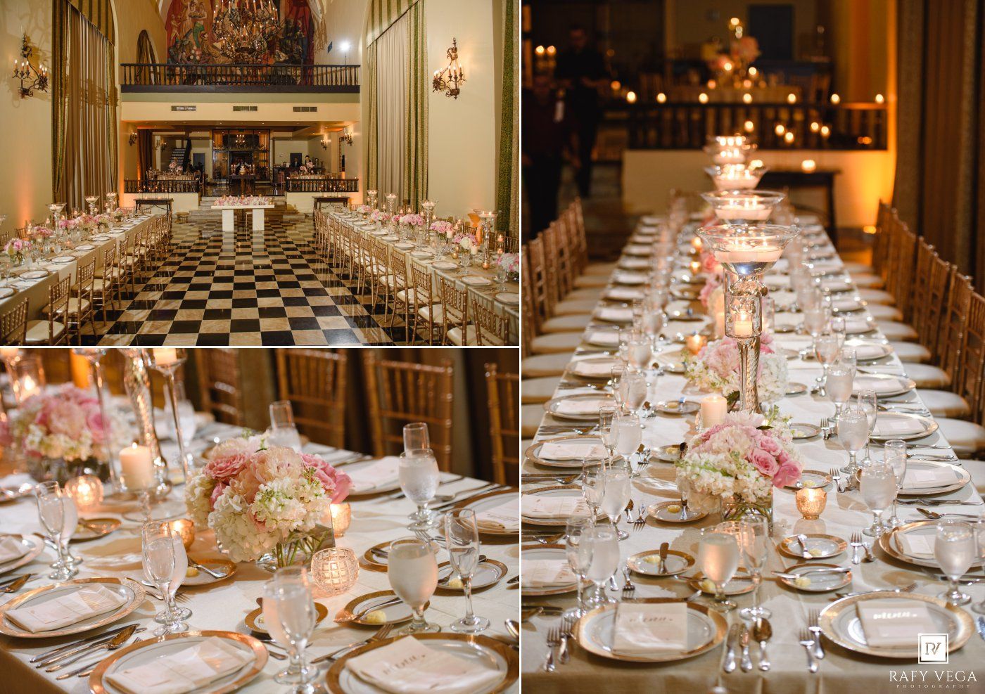 Elegant wedding reception with long tables, gold chiavari chairs, floral centerpieces, and a black-and-white checkered dance floor.