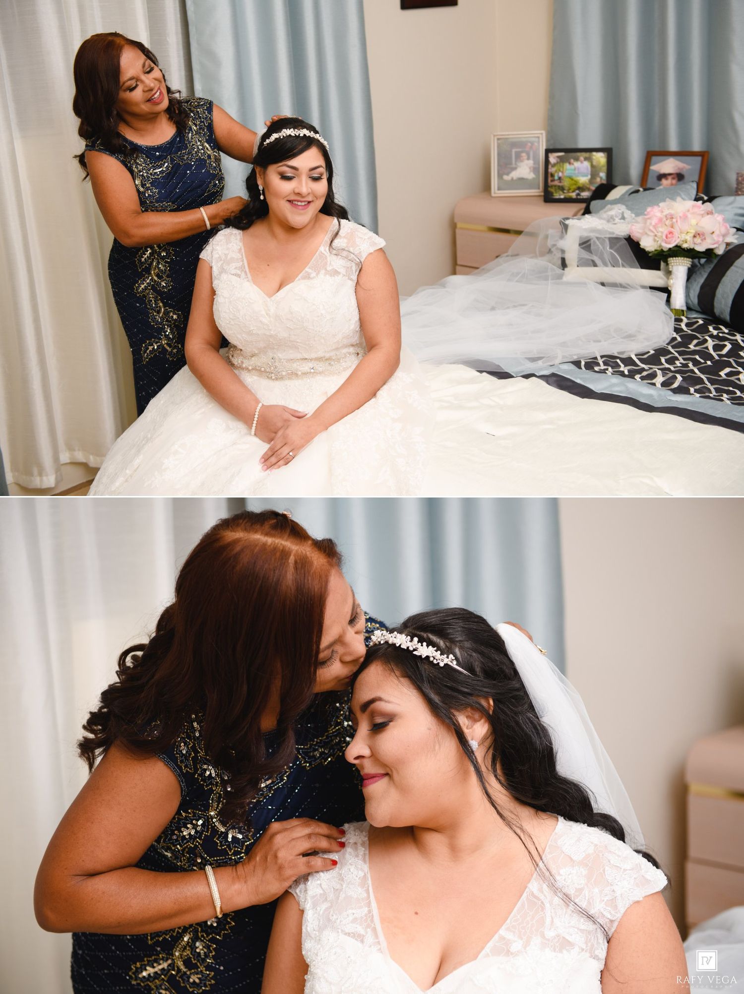 Mother helping bride with hair and veil in bedroom before wedding ceremony, both wearing elegant dresses.