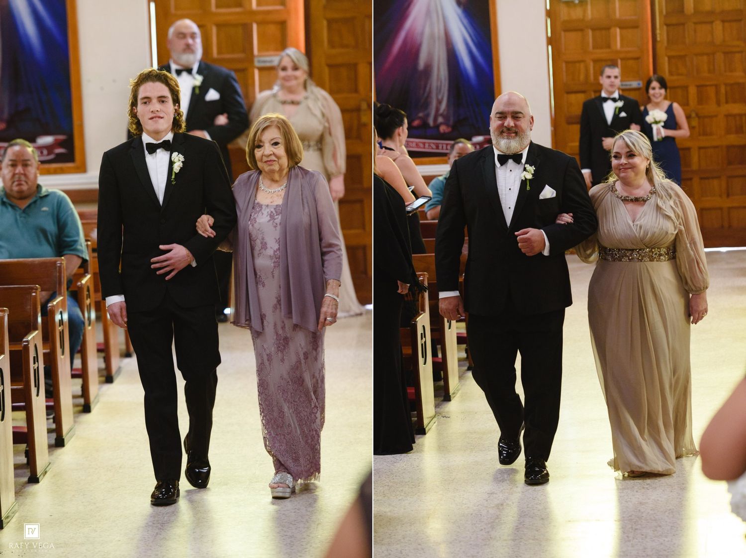 Groomsmen escort elegantly dressed mothers down the church aisle during a formal wedding ceremony.