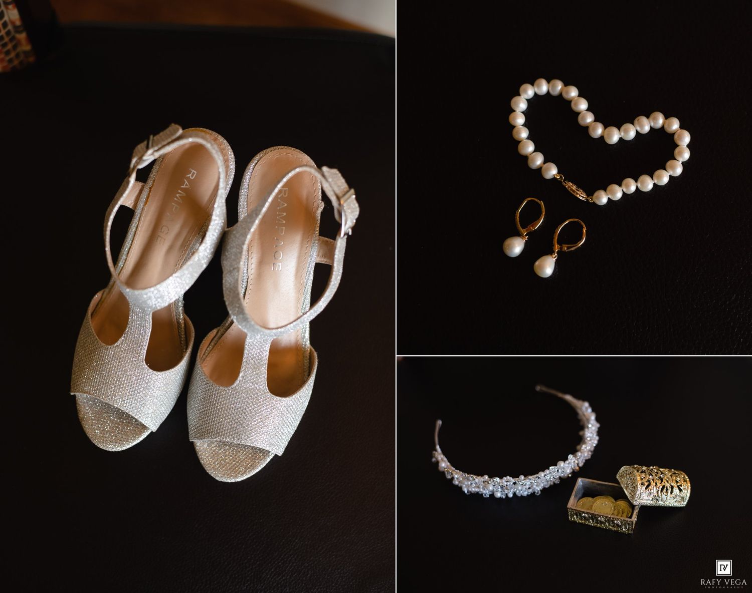 Elegant bridal accessories including silver glitter wedge heels, pearl necklace with gold earrings, and a blue floral headband.