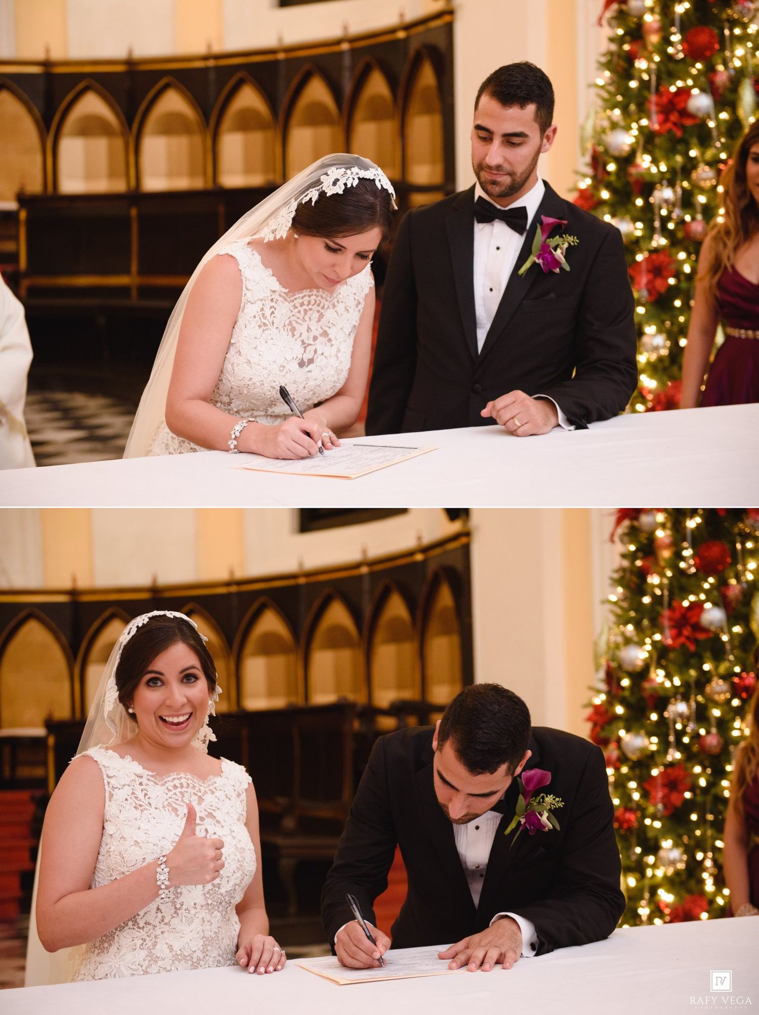 Bride and groom signing wedding documents at a church ceremony with a decorated Christmas tree in the background.