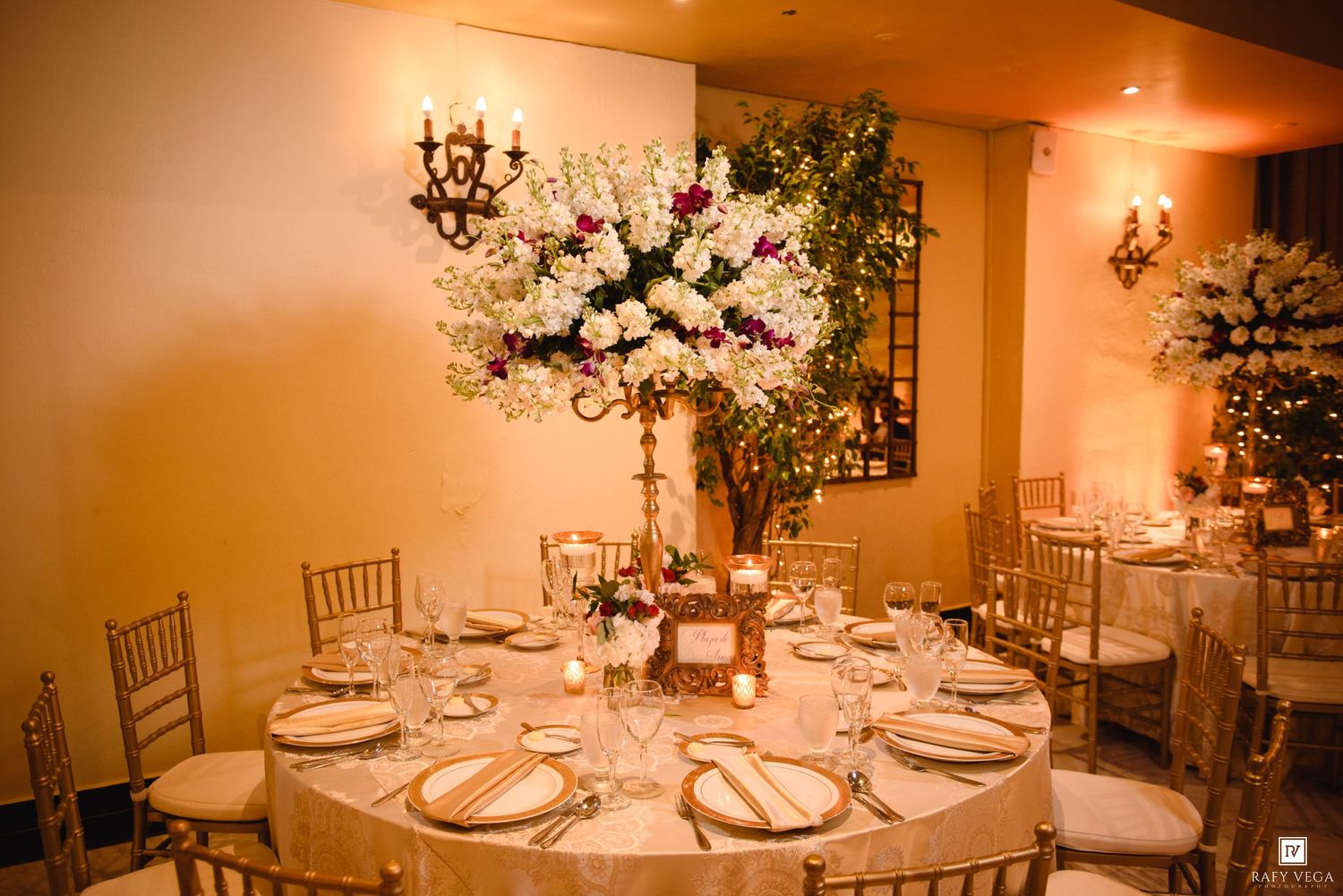 Elegant wedding reception table with tall floral centerpiece of white orchids, gold chairs, and warm candlelit ambiance.