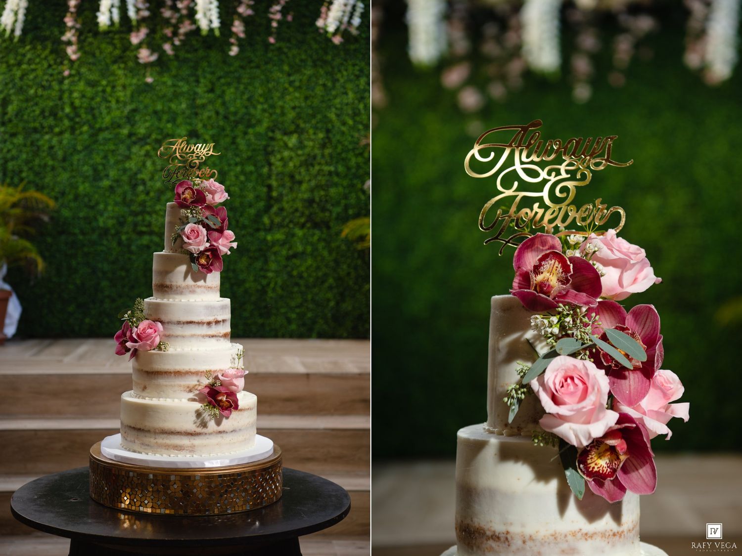 Elegant multi-tiered wedding cakes adorned with pink and burgundy roses and gold cake toppers against a green hedge backdrop.