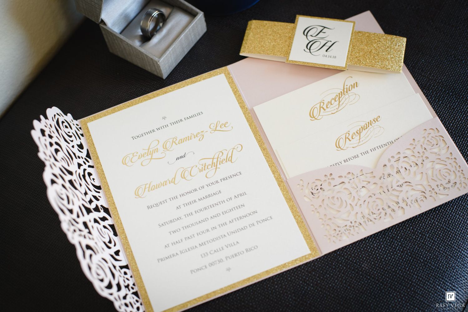 Elegant gold and blush pink wedding invitation suite with laser cut details and monogram envelope liner.