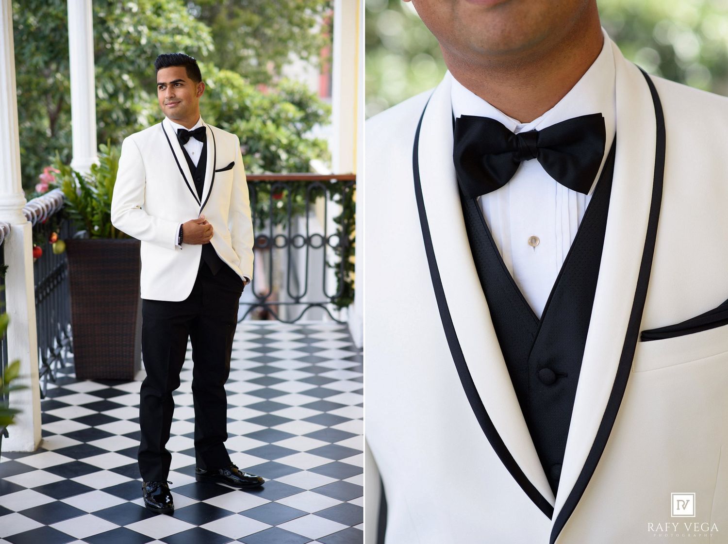 Man in white tuxedo jacket with black bow tie and black pants posing on checkered floor at formal event.