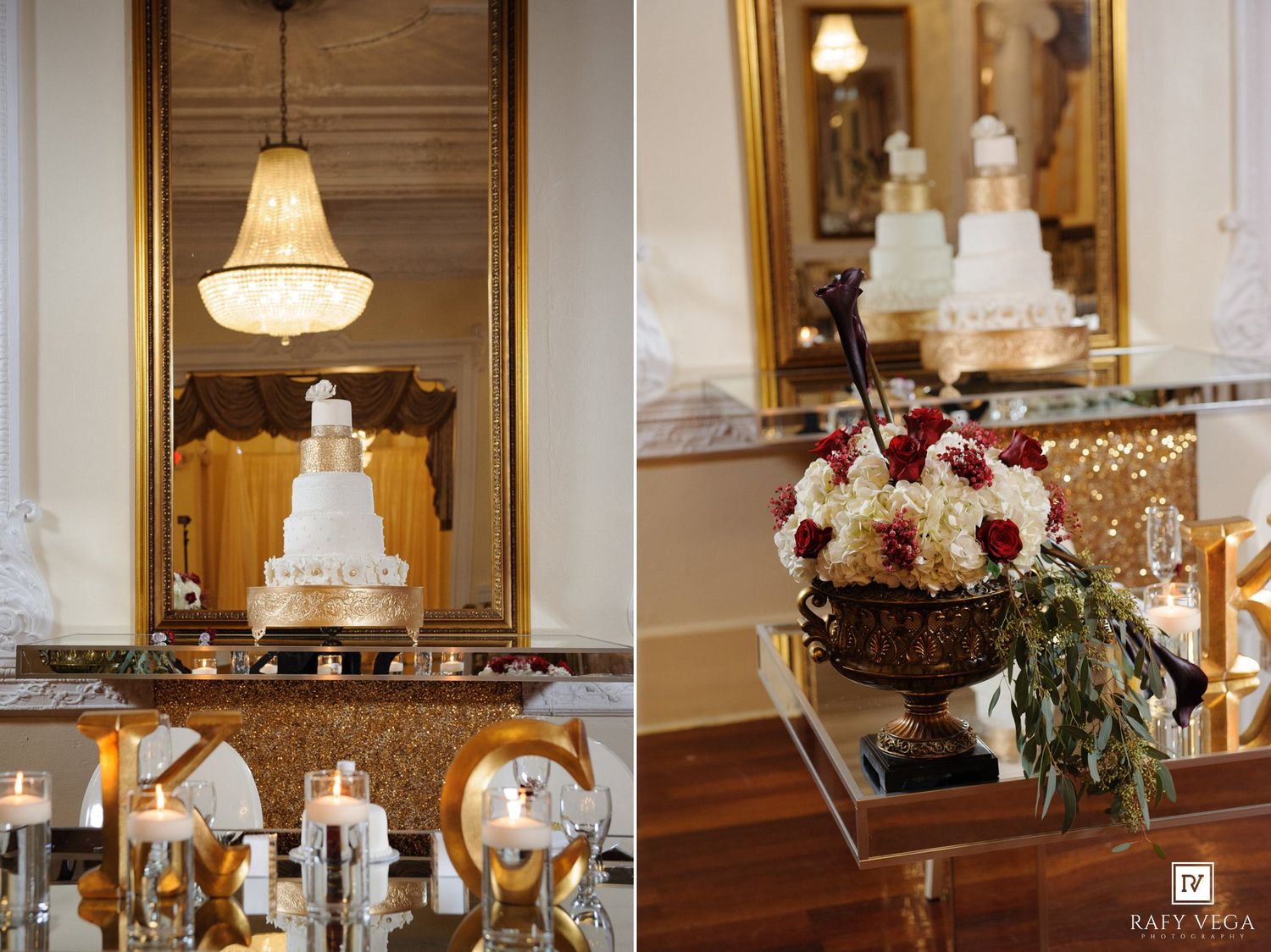 Elegant wedding reception setup with tiered white cakes, floral centerpieces, and candles in a grand ballroom.