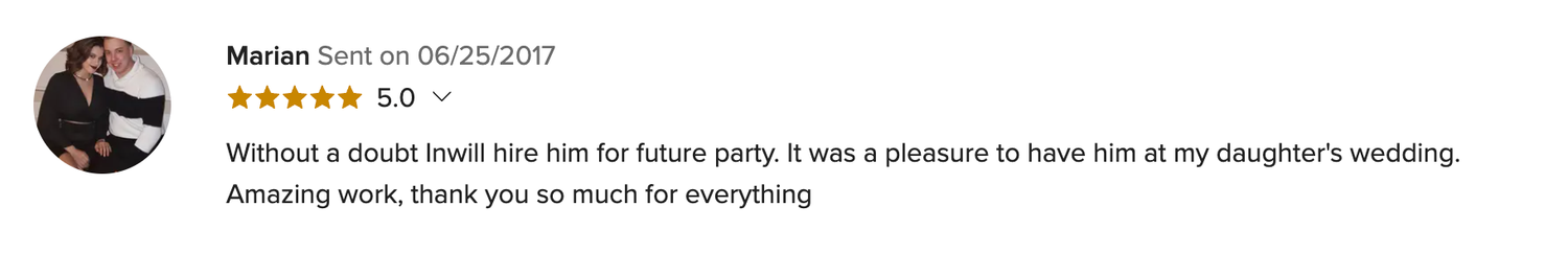 Five-star customer review praising a hire for a daughter's wedding, describing the experience as a pleasure.