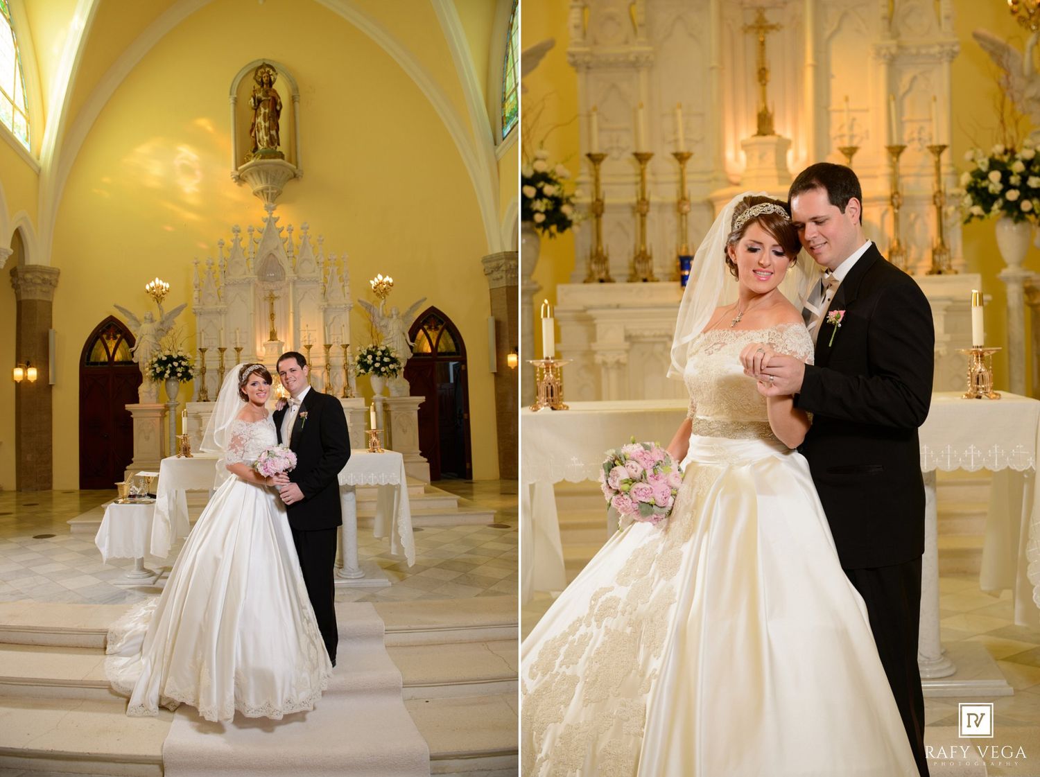 Elegant bride and groom posing inside a beautiful white Catholic church with ornate altar and candles on their wedding day.