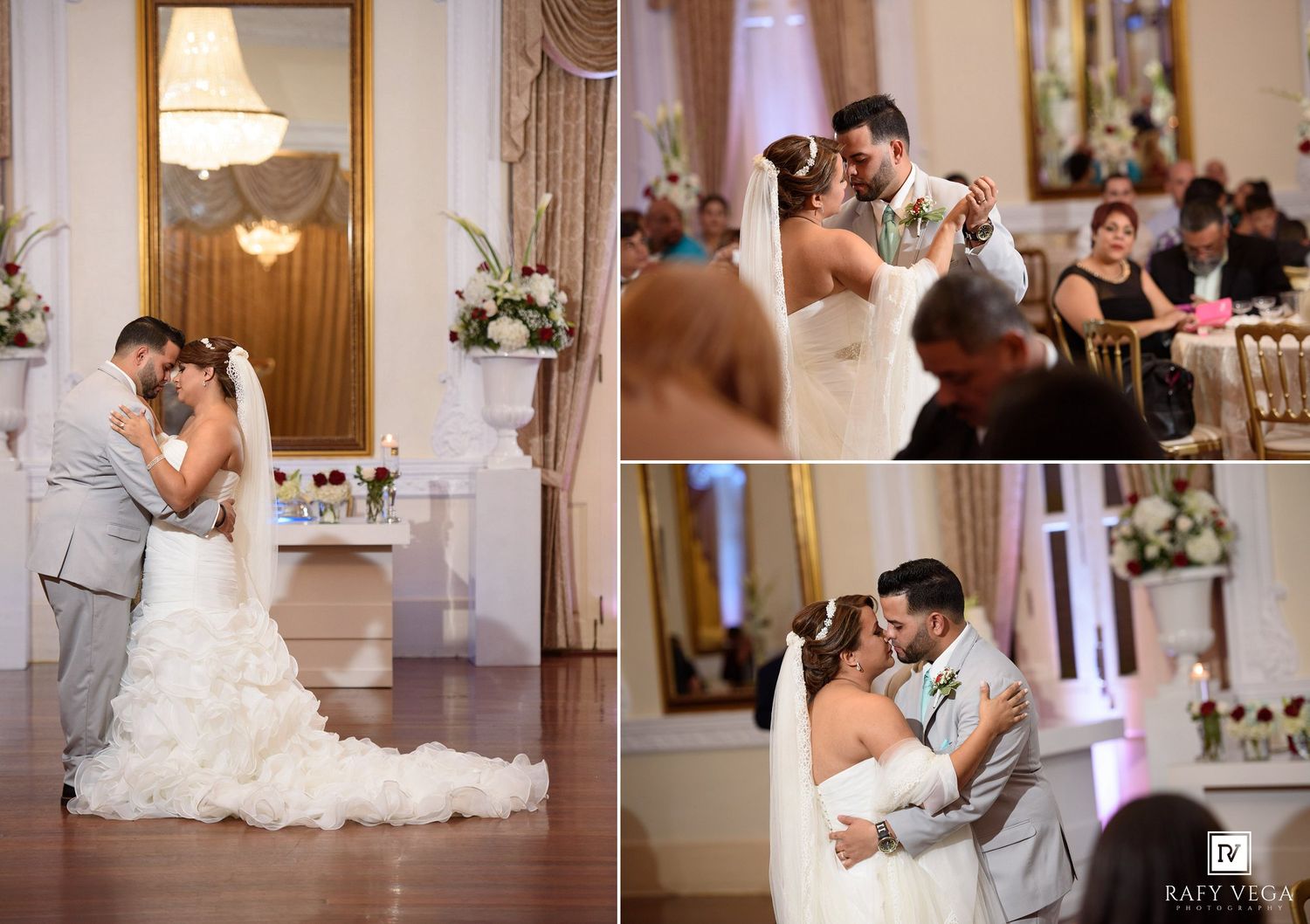 Bride and groom share romantic first dance at elegant wedding reception in ornate ballroom with white floral decor.