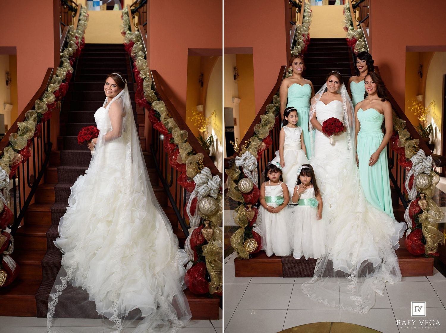 Bride with bridesmaids and flower girls on decorated staircase in grand venue.