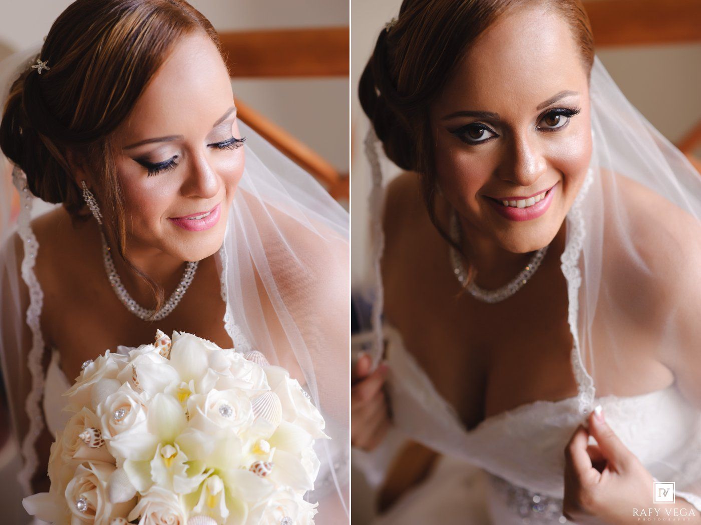 Elegant bride in white veil holding ivory rose bouquet, wearing pearl necklace, smiling on her wedding day.