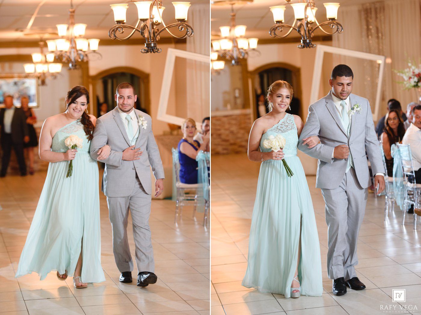 Bridesmaids in mint green gowns and groomsmen in gray suits walk down the aisle at a wedding reception.