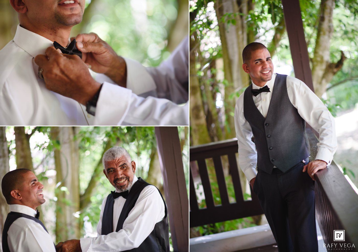 Groom adjusting bow tie with help from older man in vest, candid wedding preparation photos outdoors.