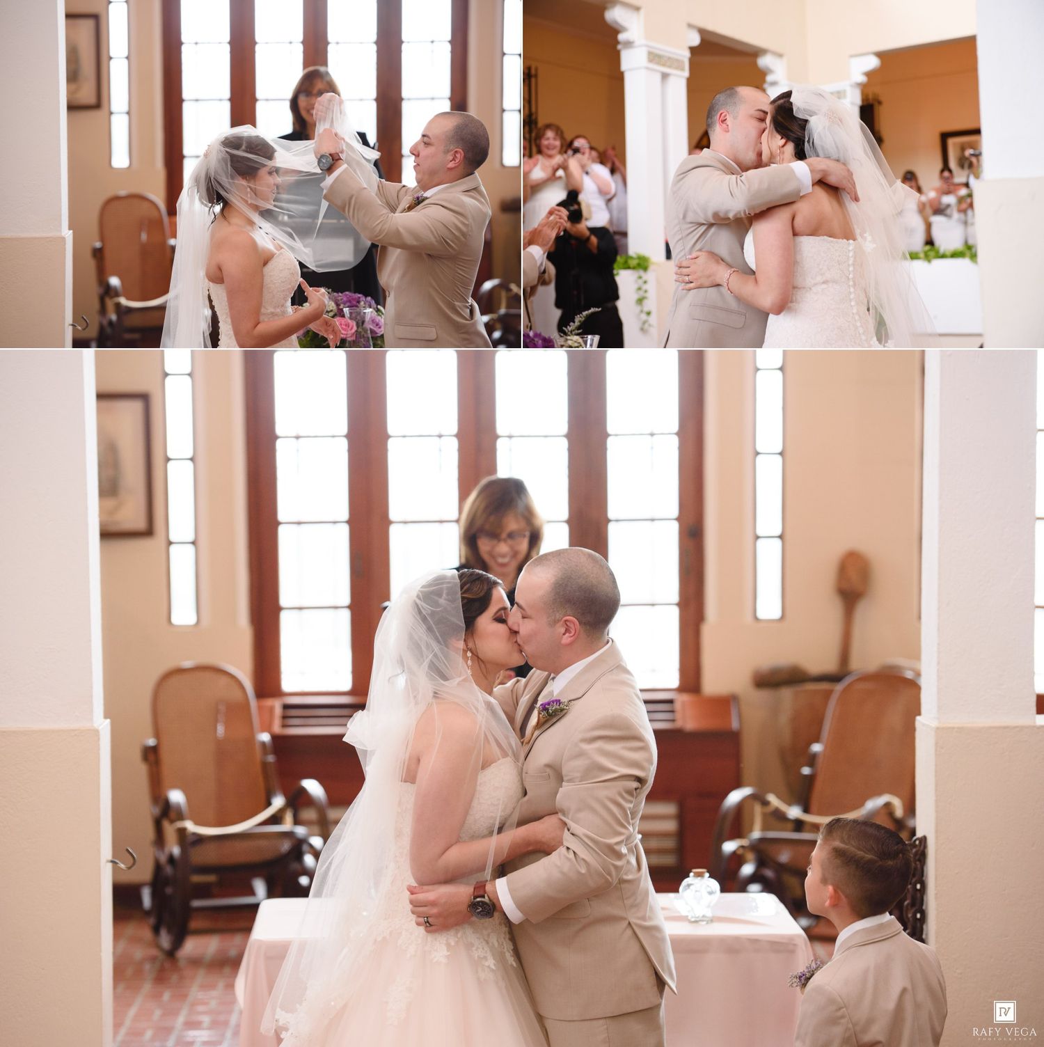 Wedding ceremony collage showing bride and groom exchanging vows and sharing first kiss with flower girl present.