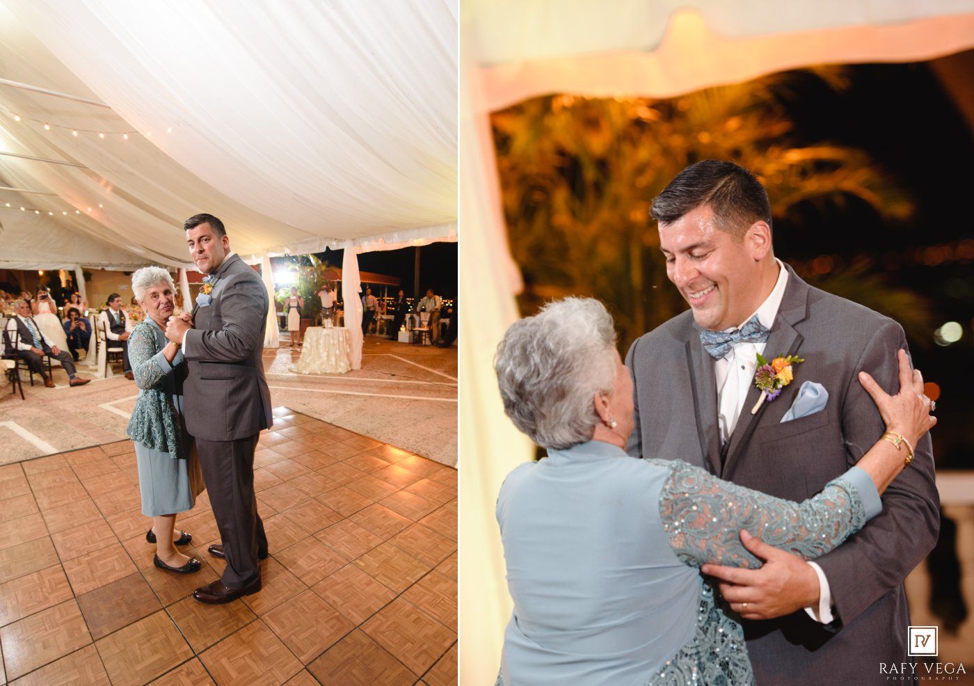 Groom shares a tender dance with an elderly woman at an elegant wedding reception under a white tent.