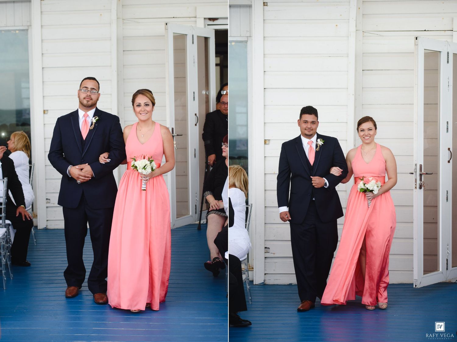 Bridesmaids in coral gowns walk with groomsmen in navy suits during a wedding ceremony processional.